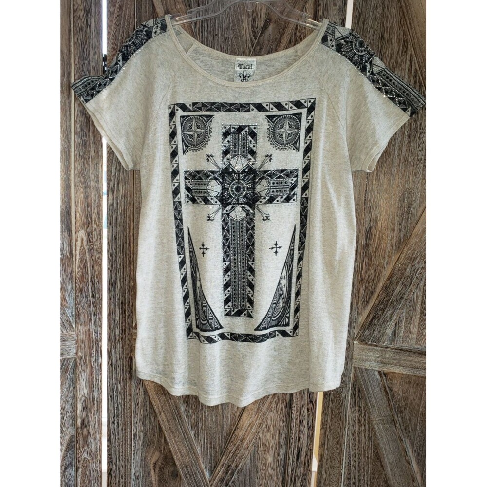 Vocal Knit Top Sz L Cream Rhinestone Embellished Gothic Cross Double Sided Bling